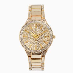 A gold watch with a diamond face and metal band.