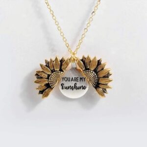 A necklace with two sunflowers on it