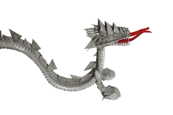 A dragon with long tail and red teeth.