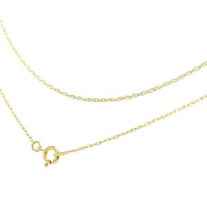 A gold chain with an open heart charm.
