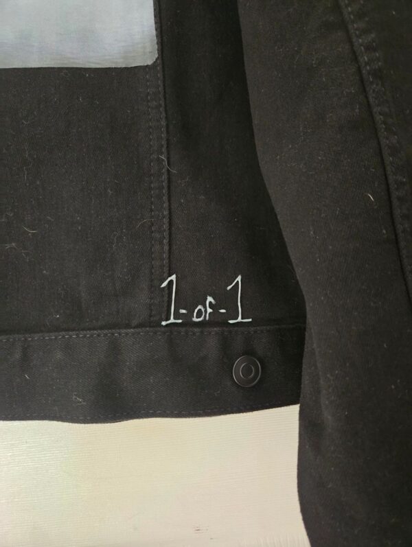 A close up of the back of a black jacket