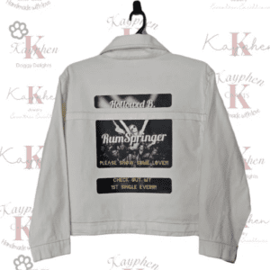 A jacket with patches on the back of it.