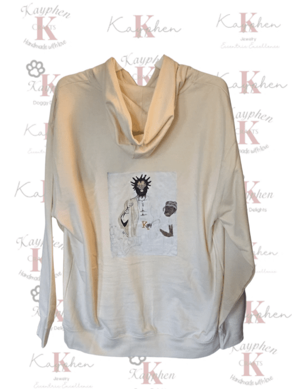 A white hoodie with an image of a person.