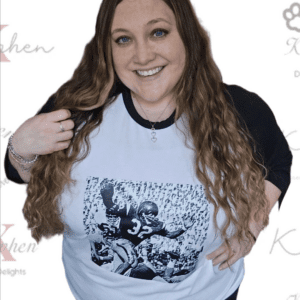 A woman wearing a black and white shirt