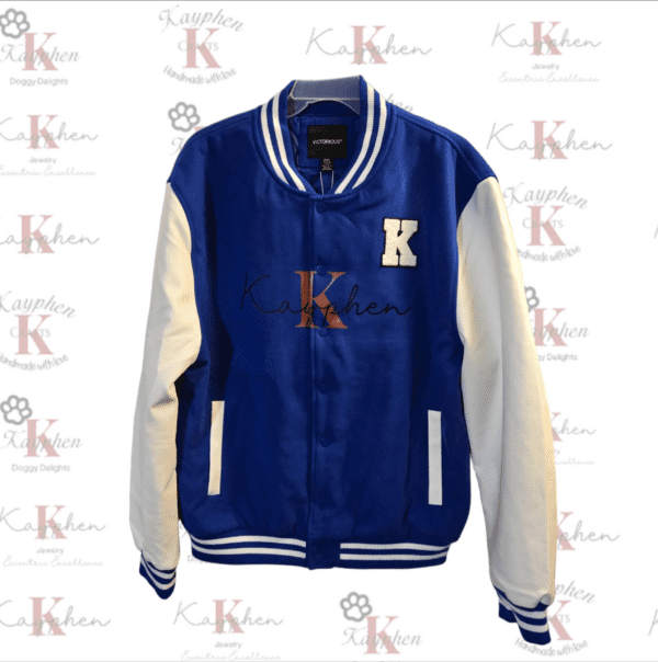 A blue and white jacket with the letter k on it.