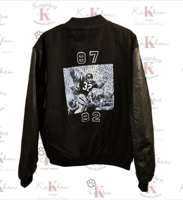 A black jacket with an image of a football player.