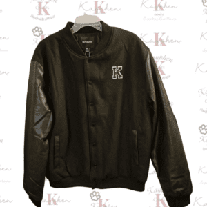 A black jacket with leather sleeves and a k logo.