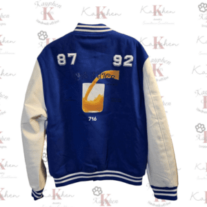 A blue and white letterman jacket with the number 8 7 9 2 on it.