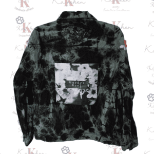A black and white tie dye jacket with the words " western " on it.