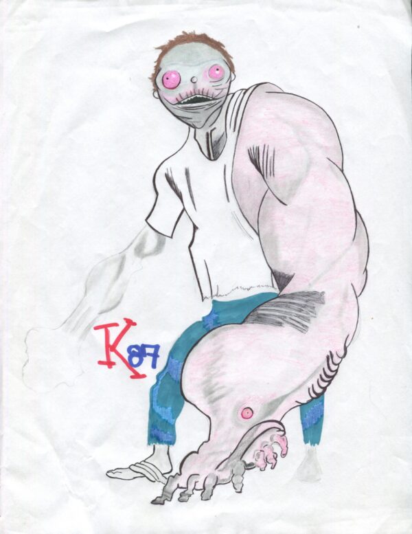 A drawing of a man with pink eyes