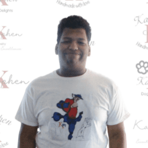 A man wearing a t-shirt with an image of a dog.