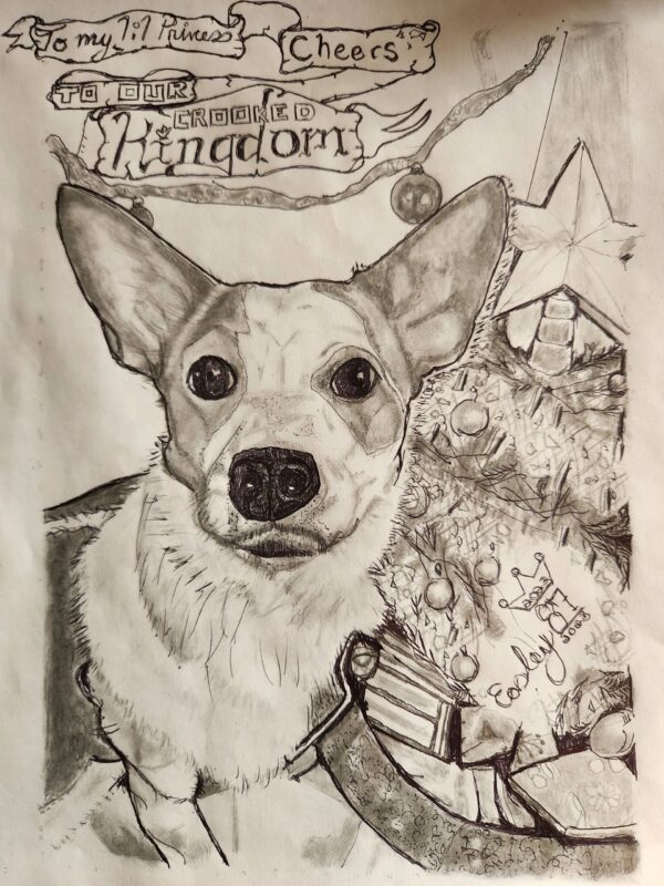 A drawing of a dog with a bunch of stuff on it