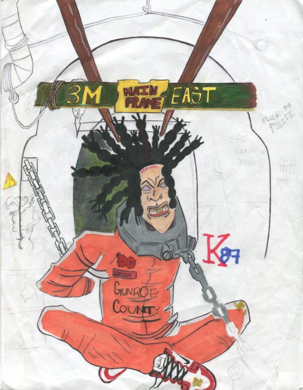 A drawing of a man with dreadlocks and chains.
