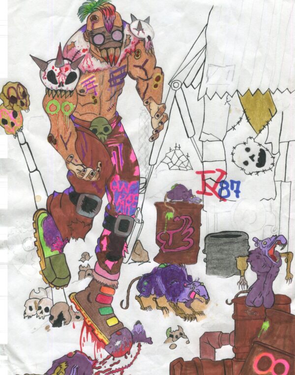 A drawing of a man with various items on it.
