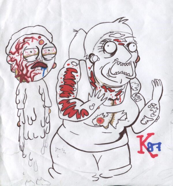 A drawing of two people with blood on their bodies.