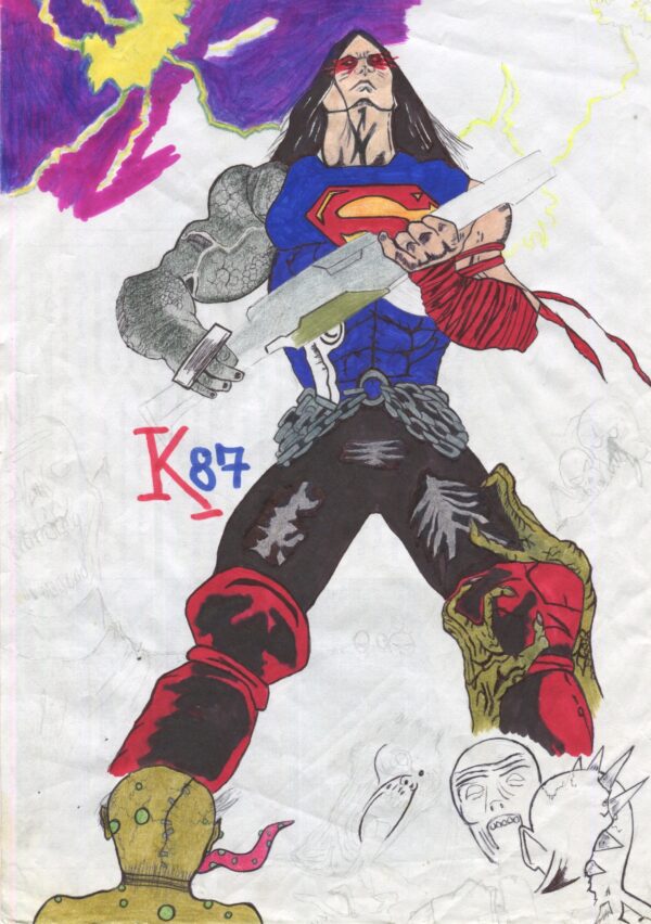 A drawing of a man with a sword and helmet on.