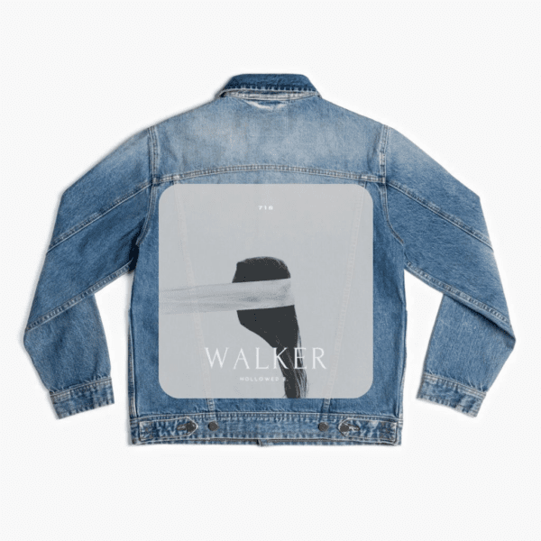 A denim jacket with a picture of a person wearing a blindfold.