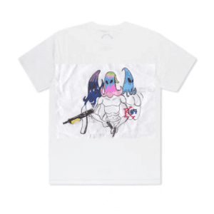 A white t-shirt with an image of three birds.