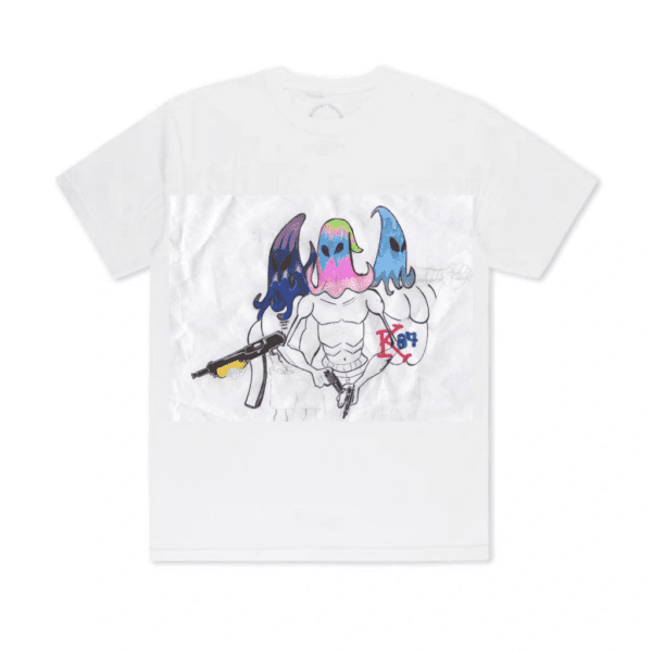 A white t-shirt with an image of three birds.