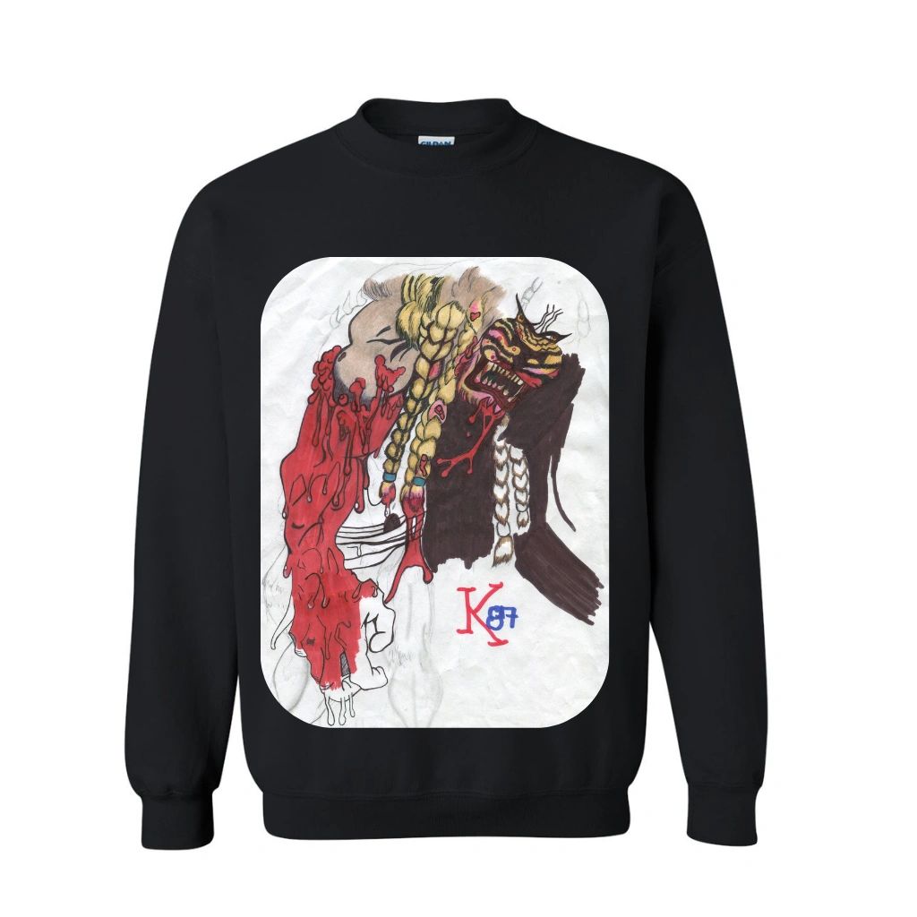 A black sweatshirt with an image of a person and a guitar.