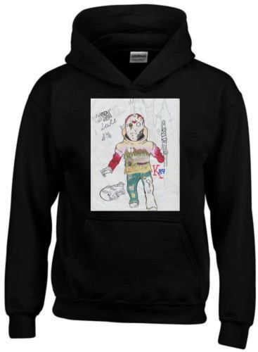 A black hoodie with an image of a person