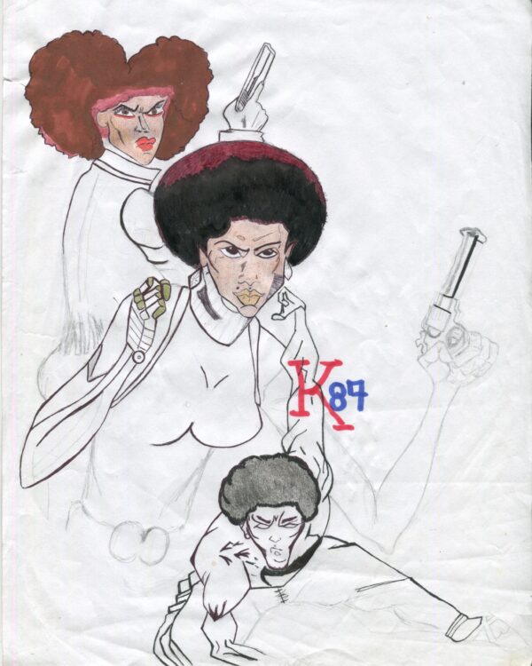 A drawing of three women with afro hair.