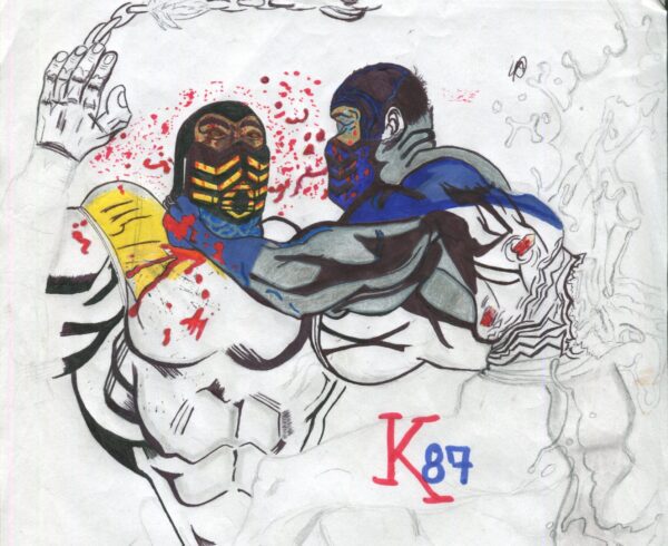 A drawing of two people fighting each other.