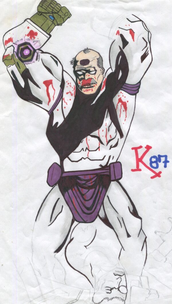 A drawing of a man with a purple belt.