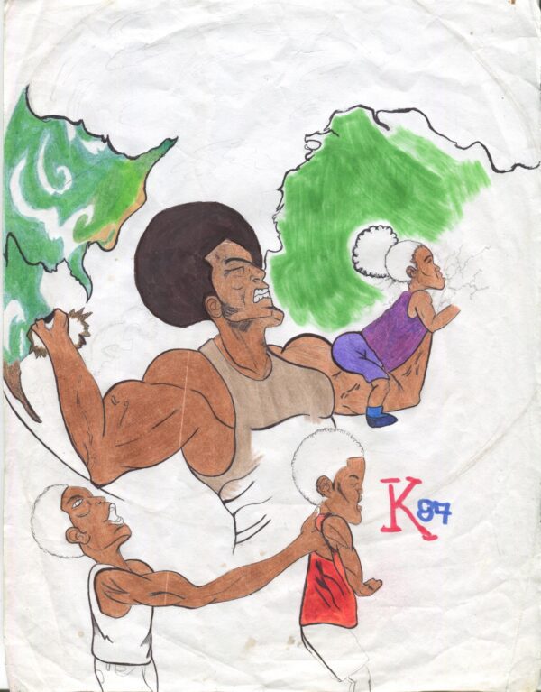 A drawing of a man with two boys