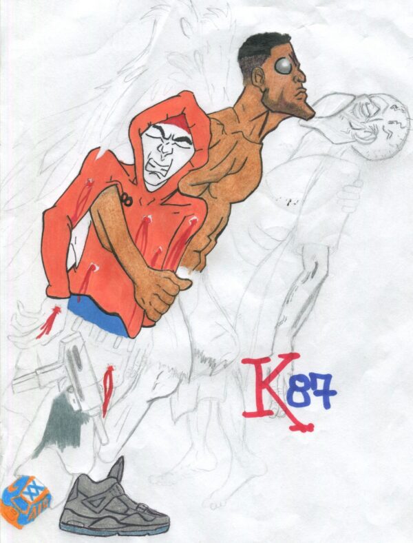 A drawing of two men playing basketball.