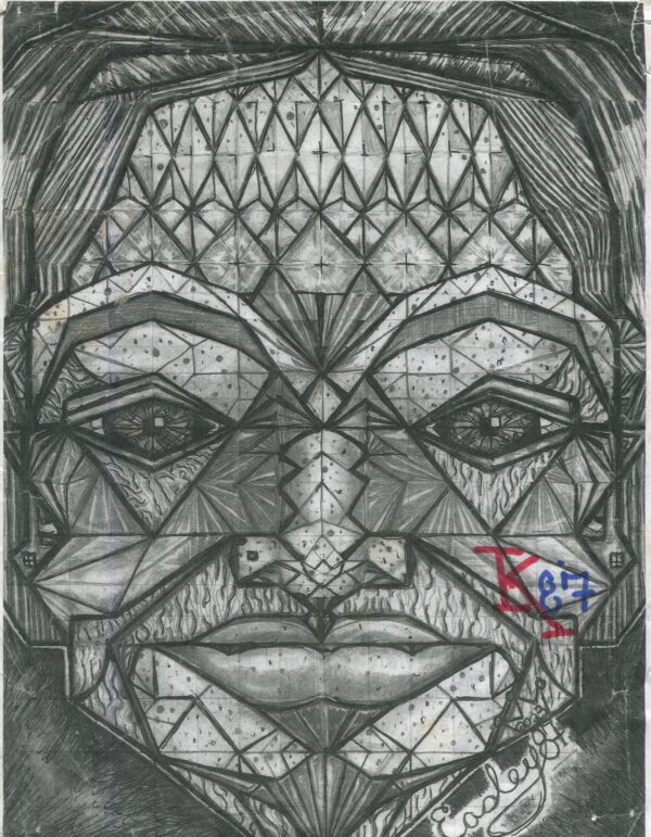 A drawing of a face with many different patterns