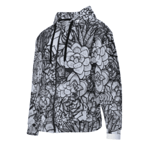A black and white floral pattern on a hoodie.