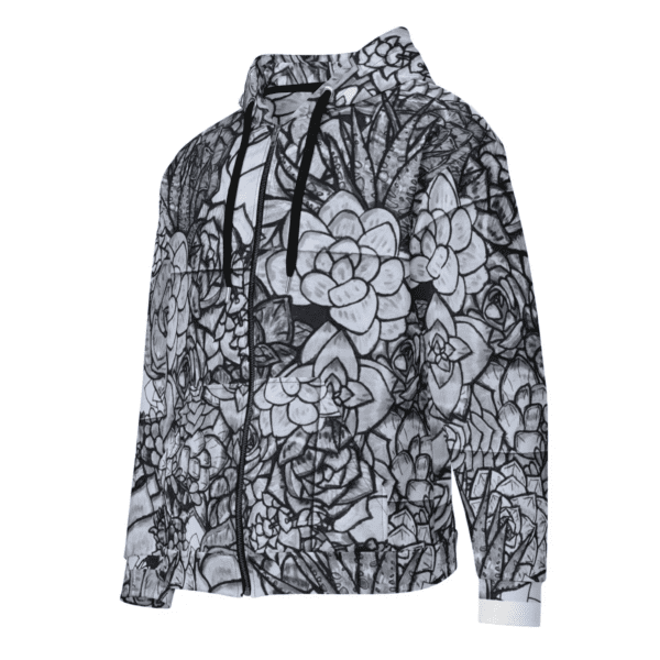 A black and white floral pattern on a hoodie.