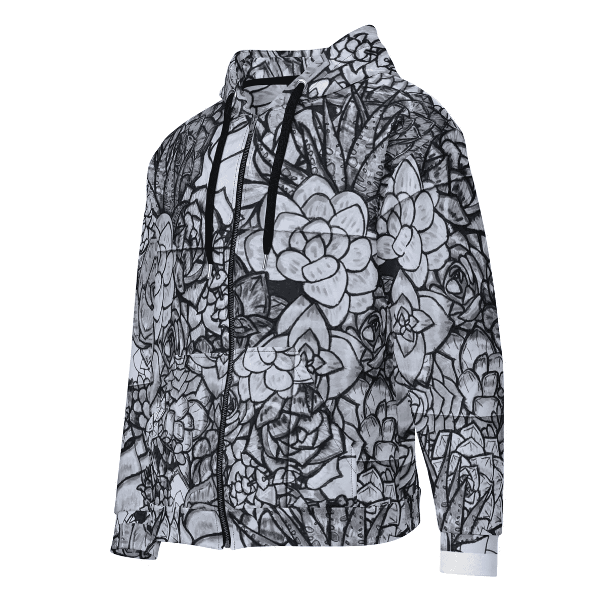 A black and white floral pattern on a hoodie.