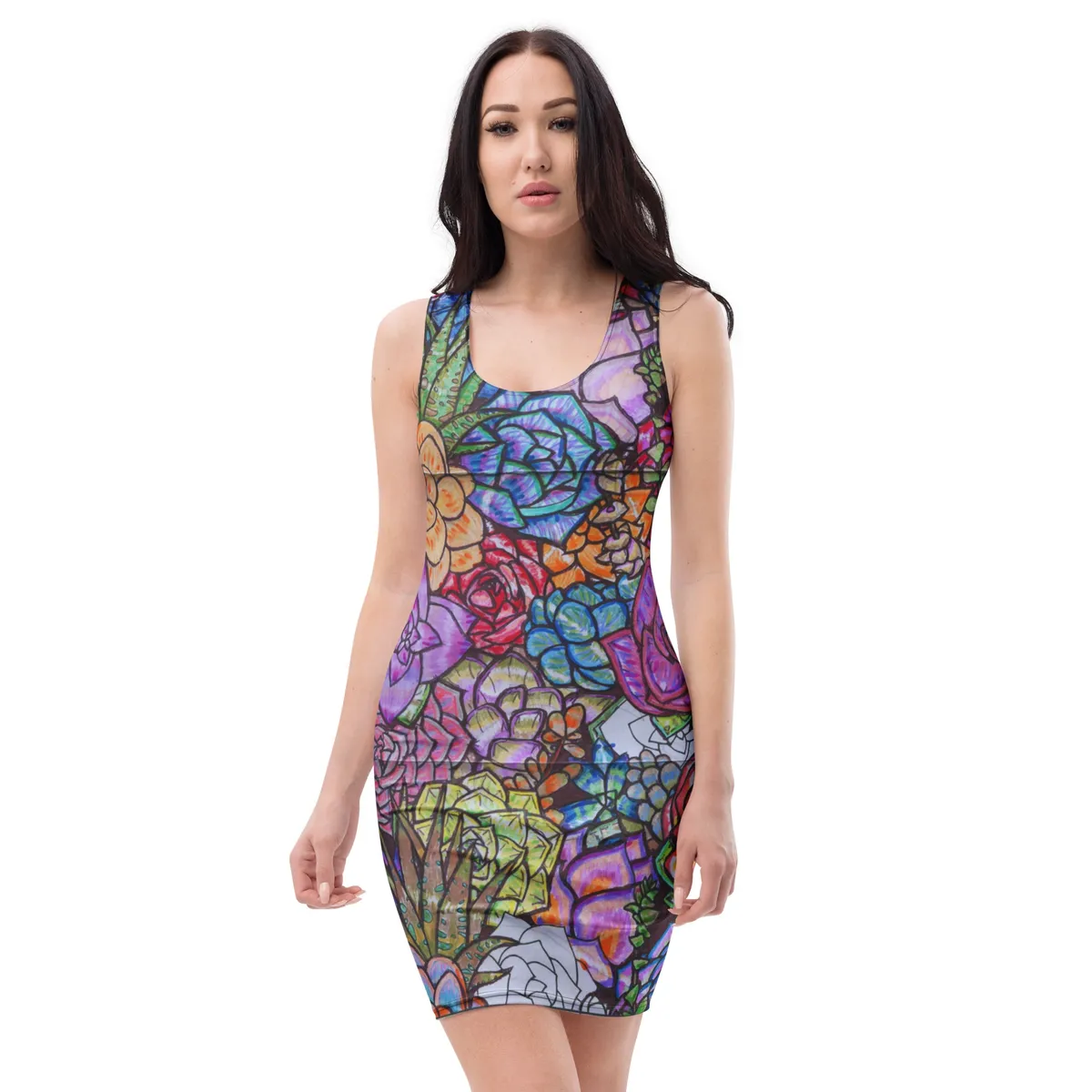 A woman wearing a dress with many different colors